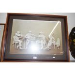 Reinhard, monochrome print, musicians, dated 1976, framed and glazed