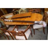 Reproduction twin pedestal yew wood veneered dining table and six accompanying chairs (7)