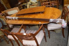 Reproduction twin pedestal yew wood veneered dining table and six accompanying chairs (7)