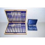 Case of silver plated fish cutlery together with a further case of teaspoons