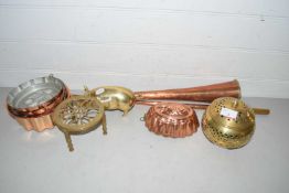 Mixed Lot: Copper post horn, modern copper moulds, brass pig etc