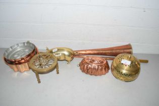 Mixed Lot: Copper post horn, modern copper moulds, brass pig etc