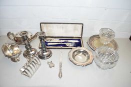 Mixed Lot: Various assorted silver plated wares to include candlesticks, teapot, toast rack, fish