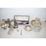 Mixed Lot: Various assorted silver plated wares to include candlesticks, teapot, toast rack, fish