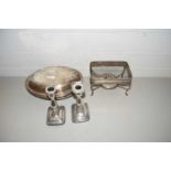 Mixed Lot: Silver plated wares, serving dish, pair of silver plated candlesticks, table warmer etc