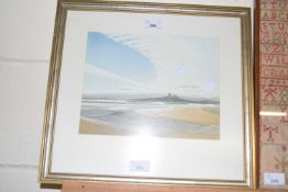 Michael Fairclough, study Hadrians Wall/Dunstanburgh Castle, coloured etching signed in pencil