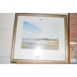 Michael Fairclough, study Hadrians Wall/Dunstanburgh Castle, coloured etching signed in pencil