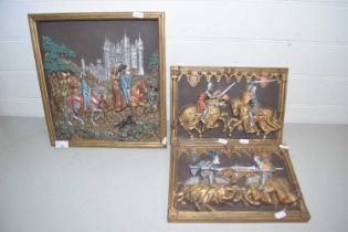 Marcus Designs wall plaques, two jousting scenes and figures before a castle (3)