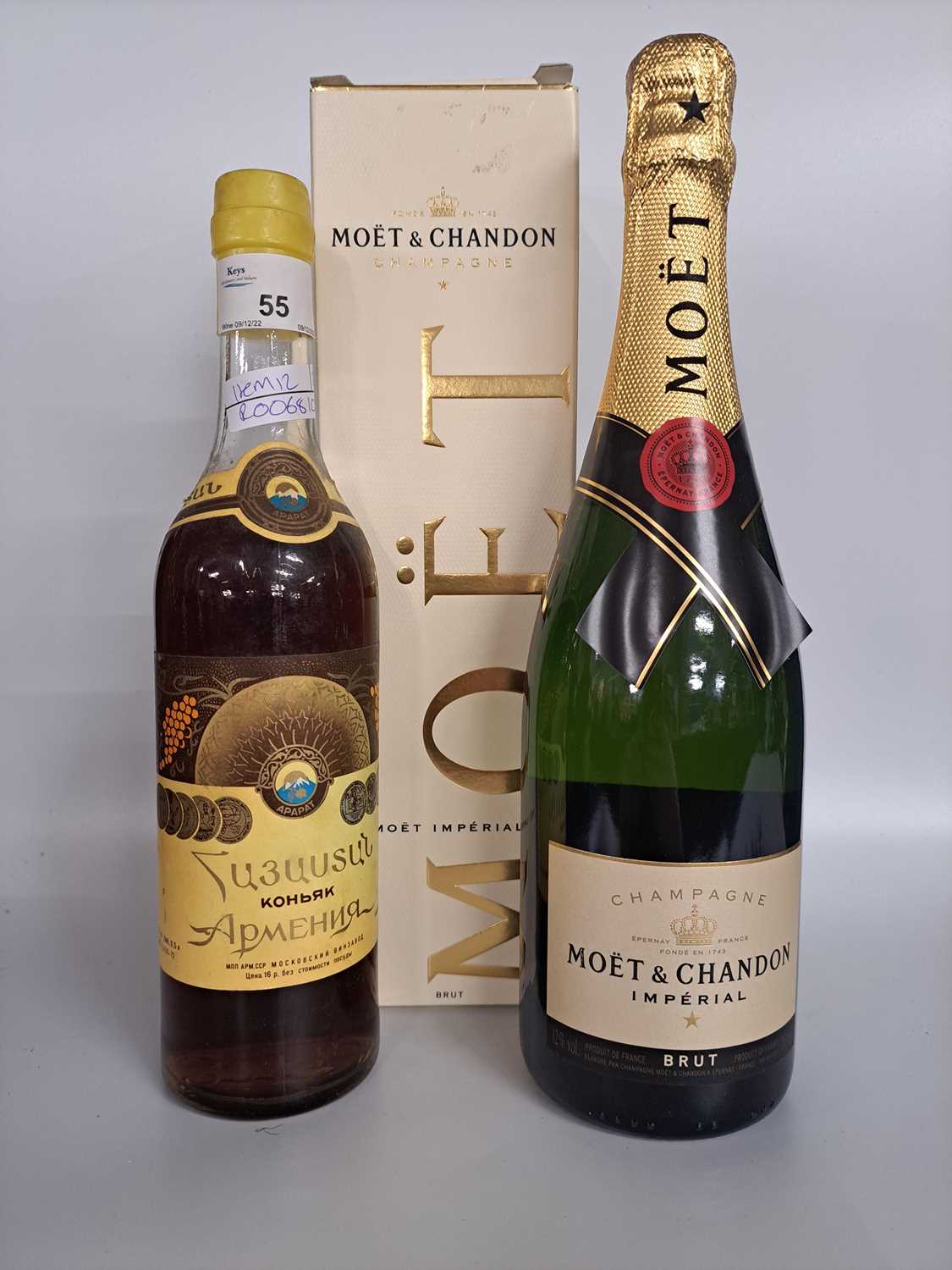 1 Bt NV Moet & Chandon Brut Imperial Champagne (boxed), 1 Bt Apapat Armenian Cognac 45 (2)Qty: 2