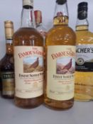 Two btls of The Famous Grouse Scotch Whiskey, one btl Teachers, Smirnoff Vodka, Three Barrels Brandy