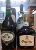 Six mixed bottles, Brandy Principe, Mascleta beer, Croft Sherry, Drambuie, Ouzo and Offley Port (6)