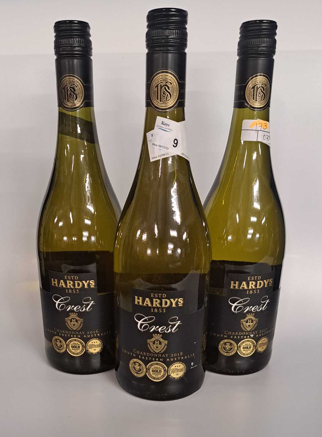 Three bottles Hardy's Crest Chardonnay
