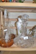 Mixed Lot: Glass model ships in bottles, a ships decanter and an Aynsley vase