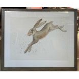 Kimberley Walker (British, contemporary), leaping hare, watercolour on laid paper, 21x29ins,