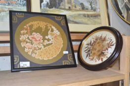 Modern Oriental picture of a peacock and a further group of pressed dried flowers