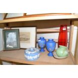 Mixed Lot: Wedgwood Jasper Ware trinket box, various vases, framed pictures etc