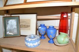 Mixed Lot: Wedgwood Jasper Ware trinket box, various vases, framed pictures etc