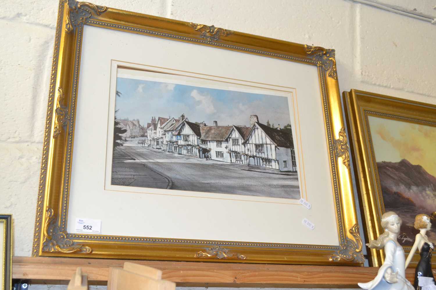 Coloured print, timber buildings, gilt framed