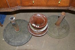 Mixed Lot: Two cast iron parasol bases and a large ceramic insulator from an electricity pylon