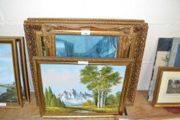 Mixed Lot: Modern oil on canvas study of mountain landscape together with three gilt framed