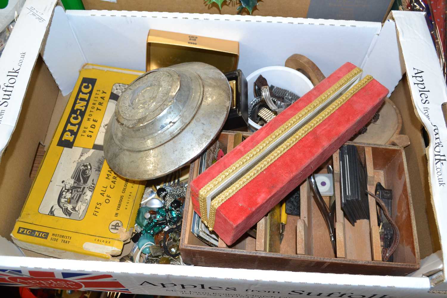 Box of various mixed items to include gents wristwatches, vintage motor hub cap, costume jewellery