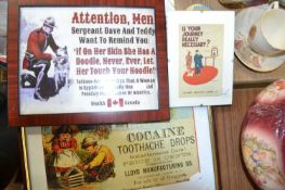 Mixed Lot: Reproduction advertising print Cocaine Toothache Drops, novelty Health Canada poster