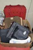 Mixed Lot: Various assorted ladies bags, red suitcase etc