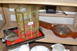 Mixed Lot: Small barometer, table top display cabinet, serving tray and coasters