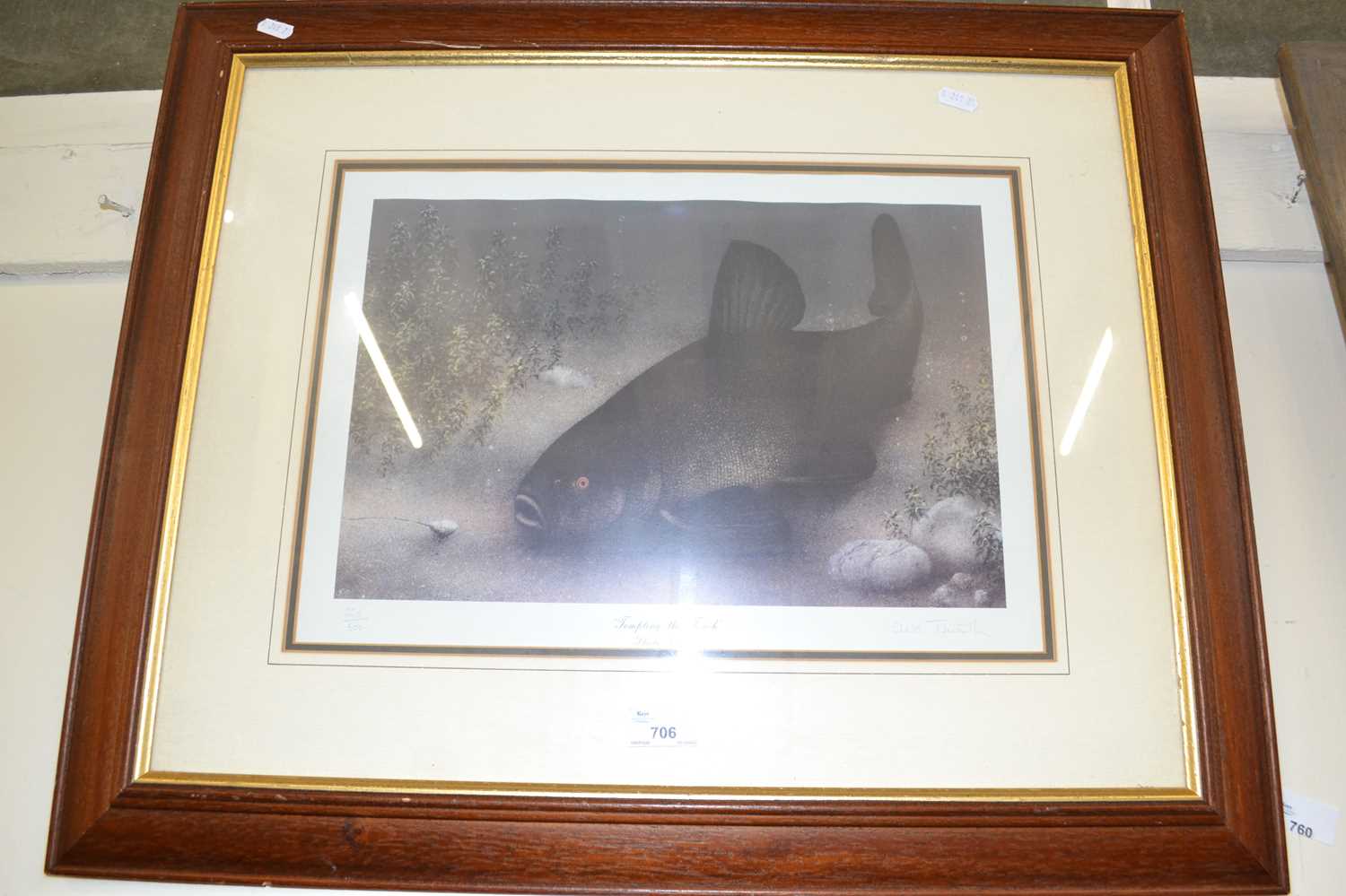 Coloured print, Tempting the Tench, framed and glazed