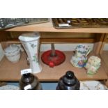 Mixed Lot: Various assorted vases, enamel candlestick, hat pin stand etc