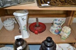 Mixed Lot: Various assorted vases, enamel candlestick, hat pin stand etc