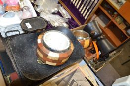 Vintage kitchen scales, various wooden bowls and other assorted items