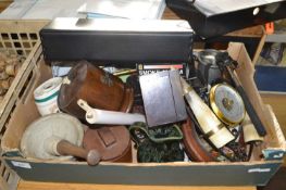 Box of various house clearance sundries to include pestle and mortar, biscuit barrel, barometer etc