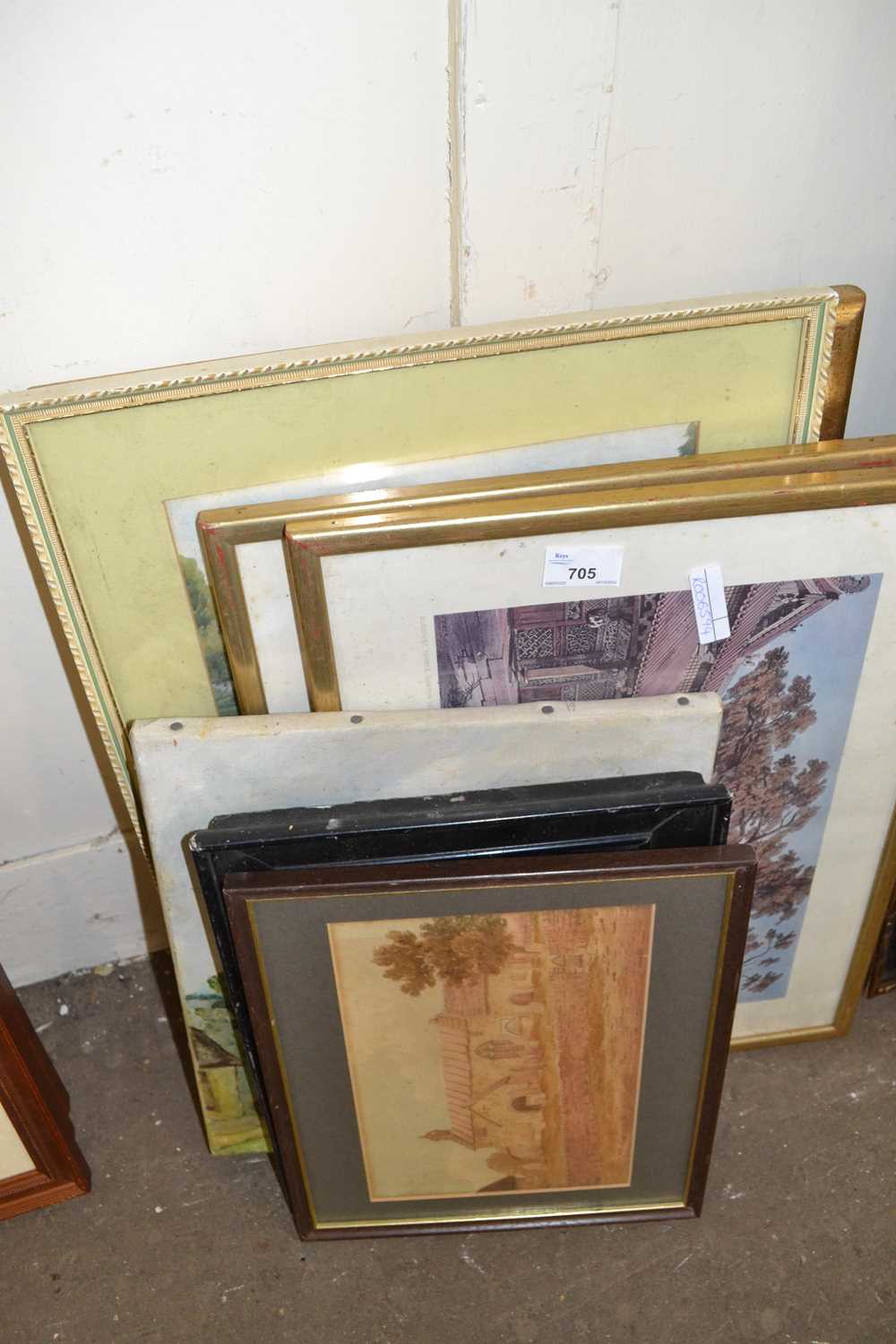 Mixed Lot: Various framed coloured prints, small oil on canvas study of a European village and