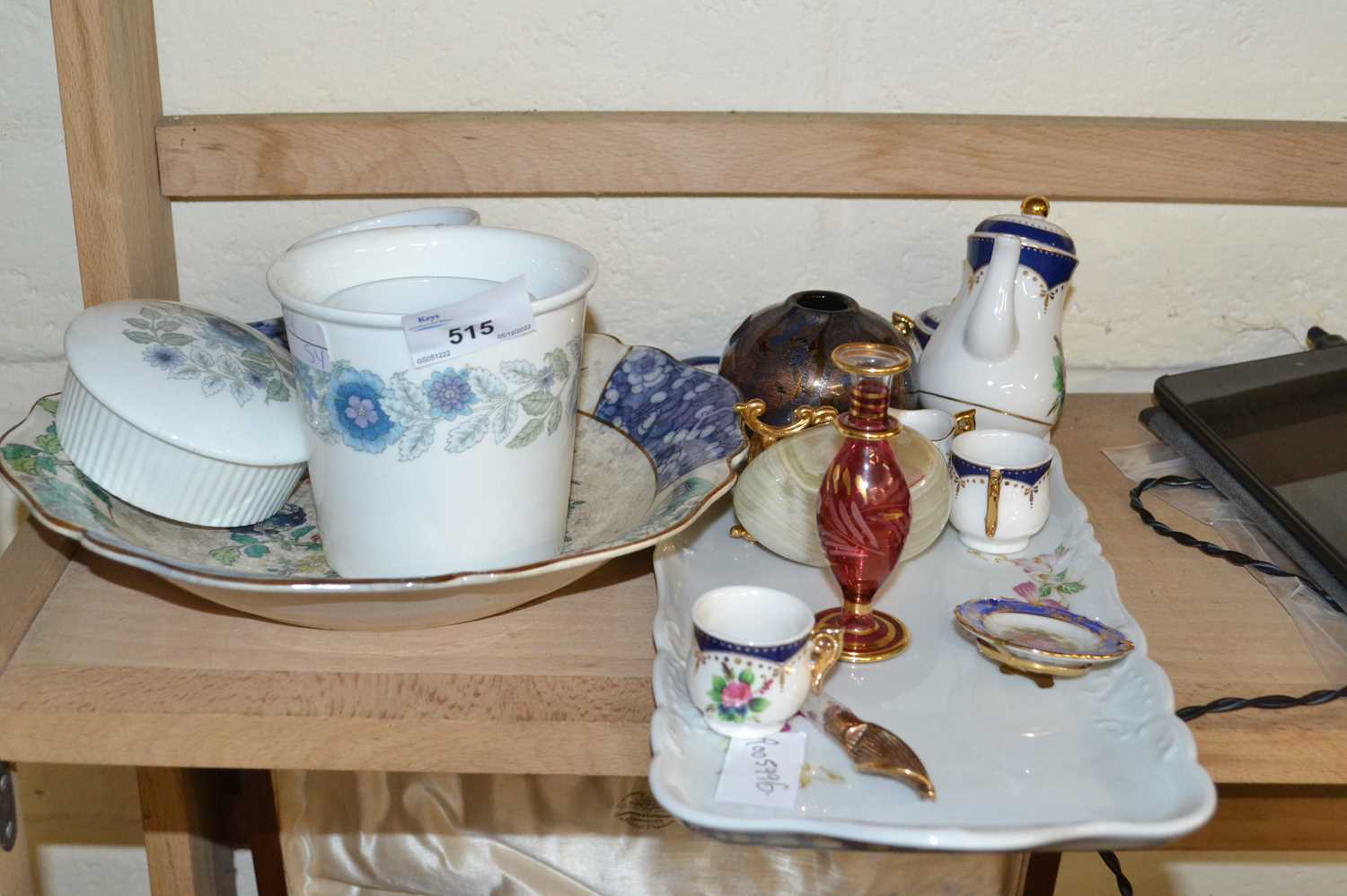 Mixed Lot: Various miniature china wares, Wedgwood items, dressing table tray, scent bottle etc