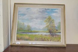 Contemporary school study of a river landscape, oil on board, indistinctly signed