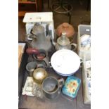 Mixed Lot: Pewter tankard, tea wares, kitchen scales etc