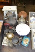 Mixed Lot: Pewter tankard, tea wares, kitchen scales etc