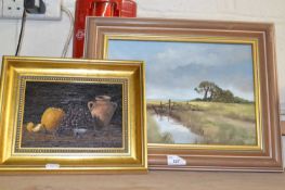 Jill Squire, The Field Gate, oil on board together with with Jeremy James Stiff, still life study of