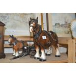 Two model shire horses and a cart