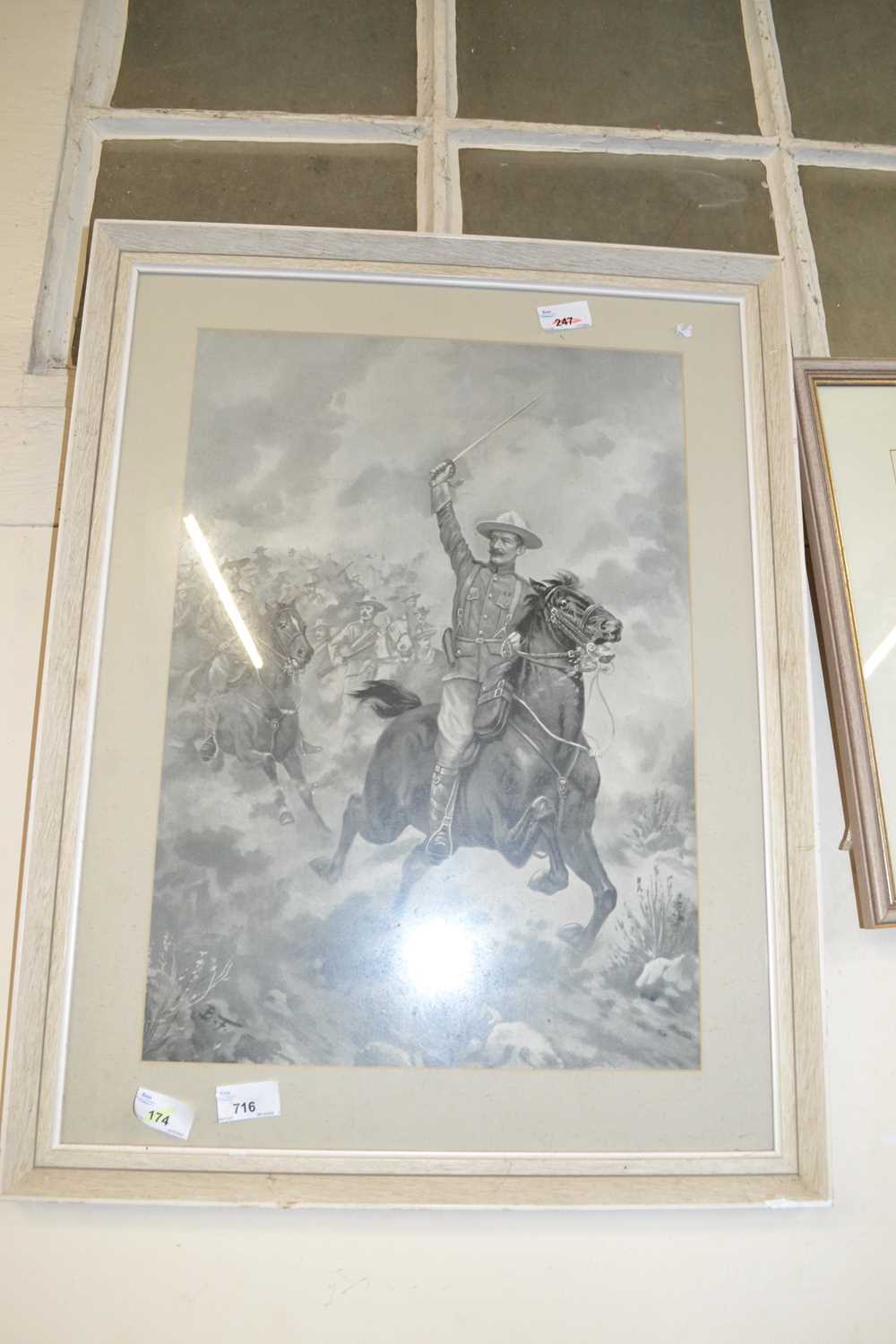 Boer War print of cavalry, initialled 'B.F' to lower right, lithograph, mounted, 20x14ins, framed - Image 2 of 2