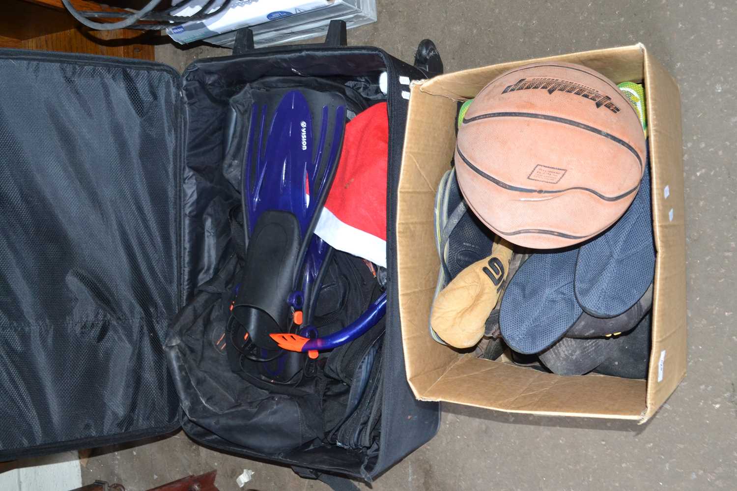 Case of various items to include flippers, basket ball, sandles etc