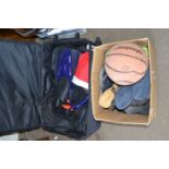 Case of various items to include flippers, basket ball, sandles etc