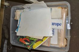 Box of various albums, tea cards, vintage newspapers etc