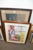 Mixed Lot: Coloured print yacht racing scene, plus further study of mother and child and an interior