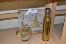 Mixed Lot: Mid Century mantel clock, table lighter and a brass shell case