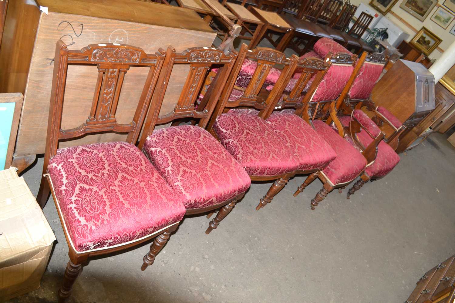 Late Victorian salon suite comprising chaise longue, armchair, nursing chair and four side chairs - Image 2 of 2