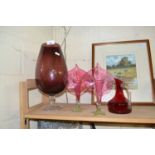 Mixed Lot: A pair of cranberry glass Jack in the Pulpit vases together with other glass wares