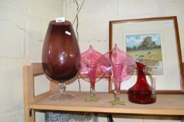 Mixed Lot: A pair of cranberry glass Jack in the Pulpit vases together with other glass wares