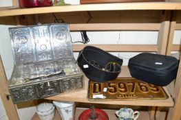 Mixed Lot: Vintage leather belt, tin of assorted items, Ohio number plate etc